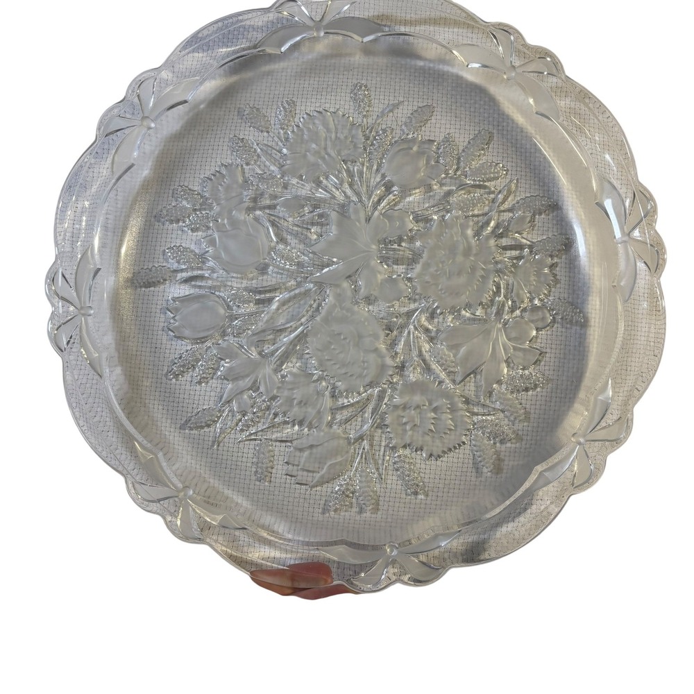 Crystal Clear Bouquet Glass‎ Round Serving Plate Vintage 14in Floral